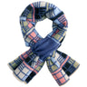 A soft knit scarf with a multicolor plaid pattern featuring blue, pink, green, and cream, tied in a knot at the center against a plain white background.