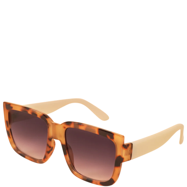 Sunglasses with tortoiseshell frame and brown lenses on a white background