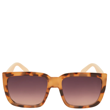 Sunglasses with tortoiseshell frame and brown gradient lenses on a white background