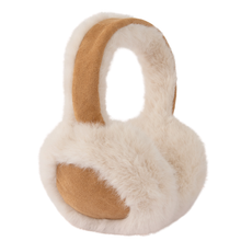 Pair of beige and white ear muffs on a white background