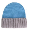 A ribbed knit beanie hat with a two-tone design, featuring a bright blue upper section and a heathered light gray folded cuff.