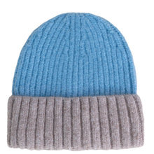 A ribbed knit beanie hat with a two-tone design, featuring a bright blue upper section and a heathered light gray folded cuff.