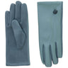 A pair of slate blue gloves shown against a white background, with one glove displaying the back of the hand and the other showing the back of the wrist with a snap button closure.