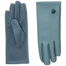 A pair of slate blue gloves shown against a white background, with one glove displaying the back of the hand and the other showing the back of the wrist with a snap button closure.