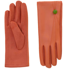 A pair of terracotta-colored leather gloves shown against a plain white background, with one glove displaying the back of the hand and the other showing the back of the wrist with a small green button closure.