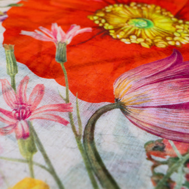 Close-up of a floral pattern with red, pink, and yellow flowers on a white background.