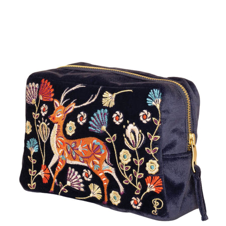 Powder Folk Art Deer Velvet Make Up Bag - Slate