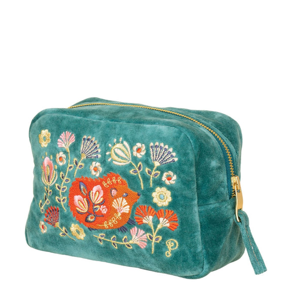 Powder Folk Art Hedgehog Velvet Make Up Bag - Aqua