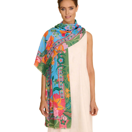 Powder Folky Floral Cotton Scarf - Turquoise