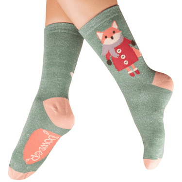 Green socks with a fox design on a white background