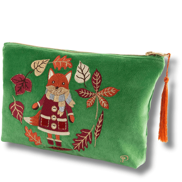 Green pouch with embroidered fox design and leaves on a white background