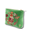 Green pouch with embroidered fox and leaves on a white background