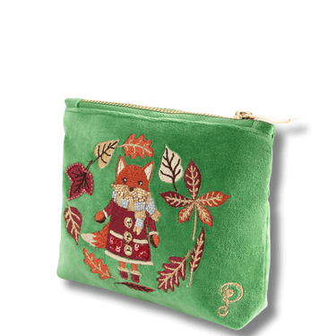 Green pouch with embroidered fox and leaves on a white background