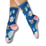 Blue socks with gardening-themed designs on a white background