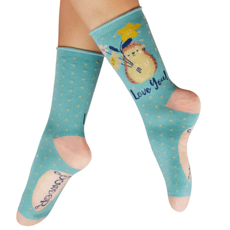 Powder Hedgehog Sharing Love Ladies Ankle Socks - Aqua