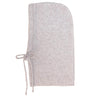 A light beige knit hood with a side tie, shown flat against a white background.