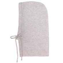 A light beige knit hood with a side tie, shown flat against a white background.