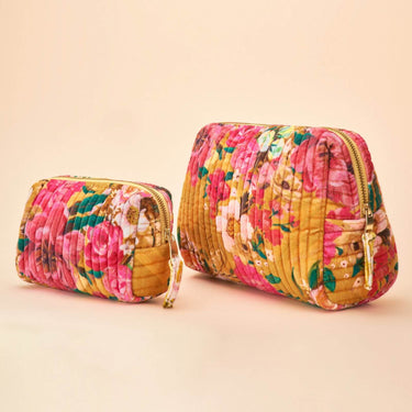Powder Impressionist Floral Quilted Printed Velvet Wash Bag - Mustard