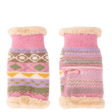 Pair of pink knitted dog sweaters with patterned design and fur trim on a white background