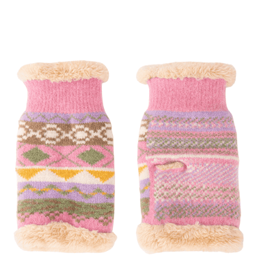 Pair of pink knitted dog sweaters with patterned design and fur trim on a white background