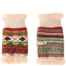Pair of knitted dog boots with patterned design on a white background