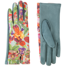 Floral patterned gloves with a plain green back on a white background