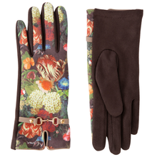 Pair of gloves with floral pattern on one side and plain brown on the other, on a white background.