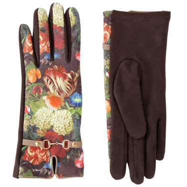 Pair of gloves with floral pattern on one side and plain brown on the other, on a white background.