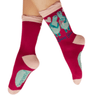 Red socks with green characters and text on a white background