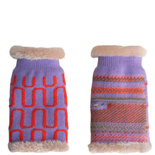 Two pet sweaters shown side by side on a plain white background. Both are lavender knit sweaters with faux fur trim at the collar and hem.
