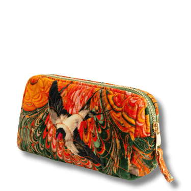 Colorful pouch with a bird design on a white background