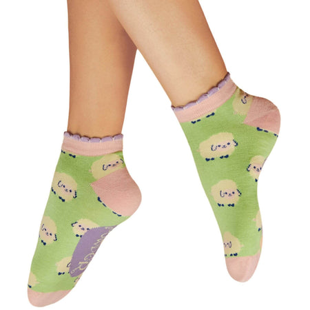 Powder Marshmallow Sheep Ladies Trainer Socks - Mint