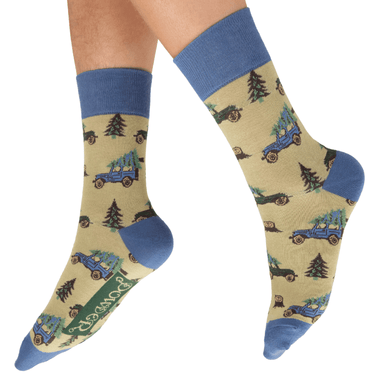 Beige socks with blue accents and car and tree pattern on a white background