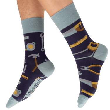Pair of socks with tool pattern on a white background
