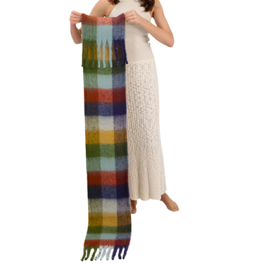 Person holding a colorful plaid scarf on a white background