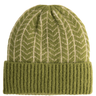 Green knit beanie with a geometric pattern on a white background