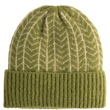 Green knit beanie with a geometric pattern on a white background