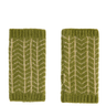 Pair of green knitted arm warmers with a geometric pattern on a white background