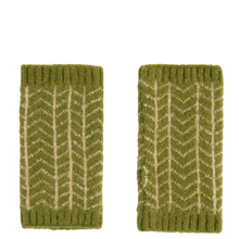 Pair of green knitted arm warmers with a geometric pattern on a white background