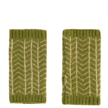 Pair of green knitted arm warmers with a geometric pattern on a white background
