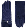 A pair of navy blue long gloves shown from both sides. One glove displays a diamond-quilted leather back with a matching navy wrist strap and silver buckle, while the other shows the smooth navy suede-like front with a thumb loop.