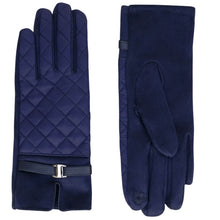 A pair of navy blue long gloves shown from both sides. One glove displays a diamond-quilted leather back with a matching navy wrist strap and silver buckle, while the other shows the smooth navy suede-like front with a thumb loop.