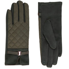 A pair of dark olive green gloves shown from both the front and back. The back of one glove features a diamond-quilted pattern on the back of the hand, while the front of the other shows the smooth dark palm side.