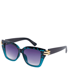 Sunglasses with blue frame and purple lenses on a white background