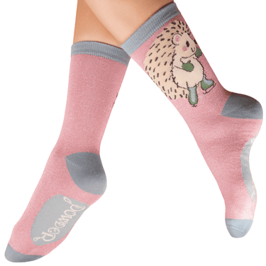 Pink socks with a hedgehog design on a white background