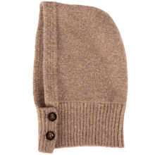 Brown knitted baby bonnet with buttons on a white background