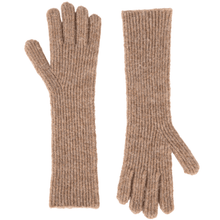 Pair of beige knitted gloves on a white background
