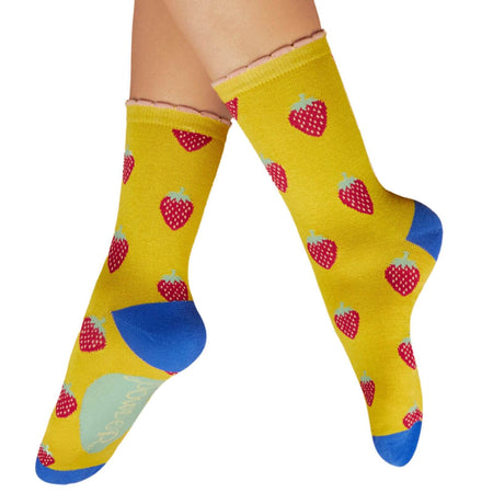 Powder Succulent Strawberries Ladies Ankle Socks - Mustard