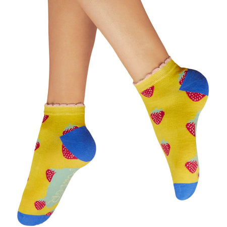 Powder Succulent Strawberries Ladies Trainer Socks - Mustard