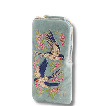 Embroidered phone case with birds and flowers on a light blue background